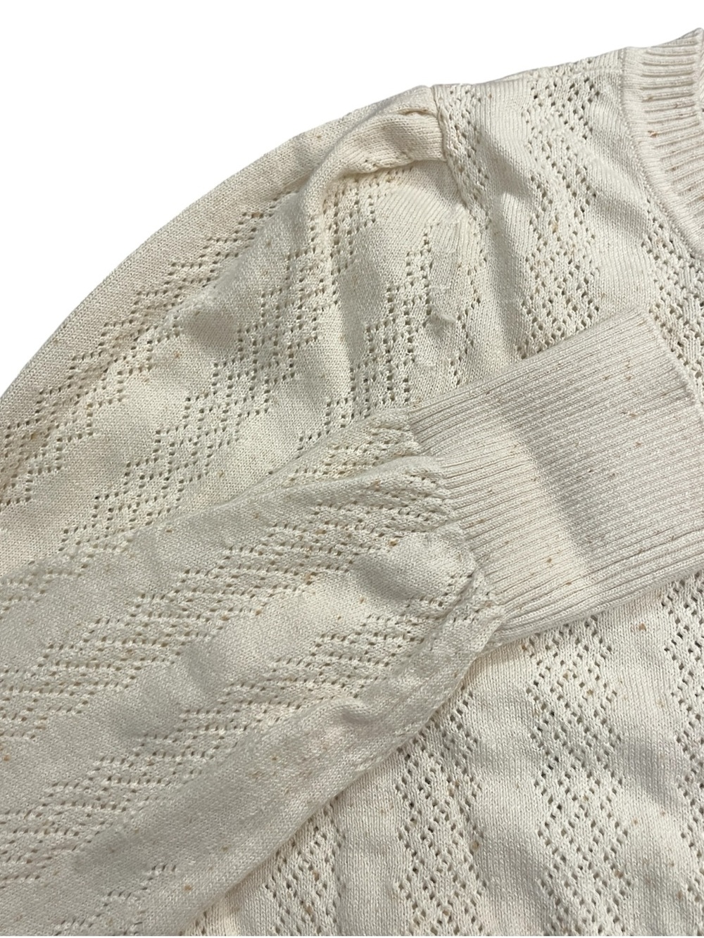 Faherty Lola Pointelle Sweater Women’s L Egret Off White Cotton Pleated Shoulder - Picture 5 of 9